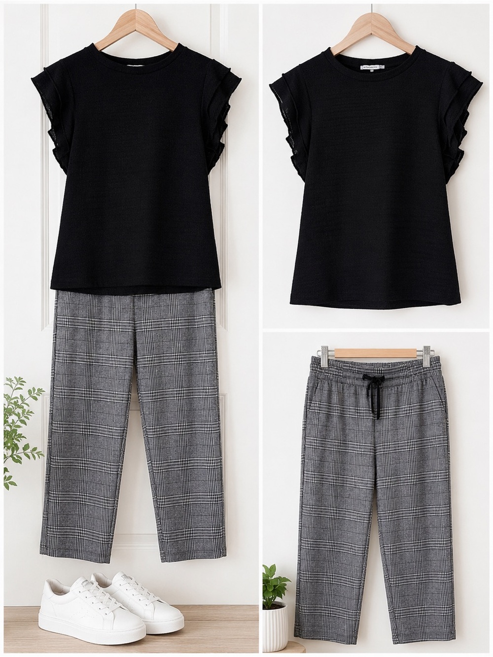 Outfit Bundle - Business Casual - Black Ruffle Blouse & Plaid Pants - SMALL